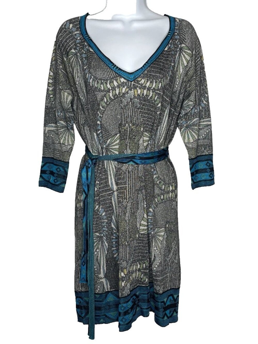 Vintage Y2K Custo Barcelona Belted Knit Dress Size M Gray Blue Metallic Art Deco
